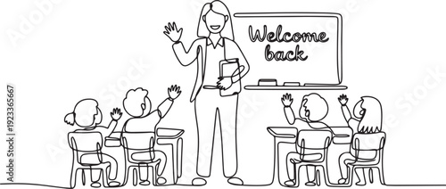 Continuous one single line drawing teacher welcoming children back to school. education, school, teacher standing in front of students and writing on the blackboard.one line vector illustration