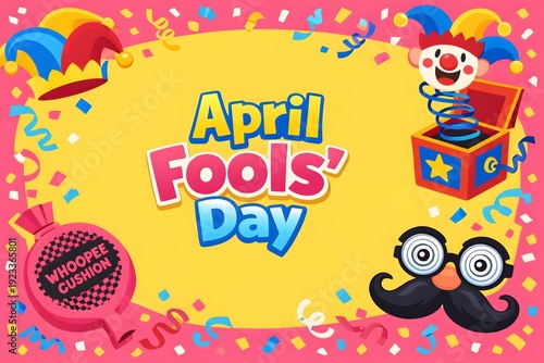 A vibrant and colorful illustration celebrating April Fools' Day with classic pranks like a whoopee cushion, a jack-in-the-box, and novelty glasses.