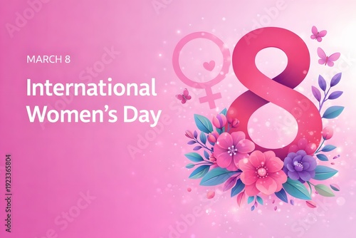 A vibrant pink graphic celebrating International Women's Day on March 8th, featuring a large stylized number eight adorned with flowers, butterflies, and a female symbol.