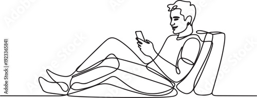 man relaxing, playing with cellphone sitting on the sofa. enjoying holidays.one line vector illustration with out Background