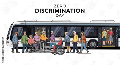 Diverse people of different ages and abilities stand near and board a bus on Zero Discrimination Day, promoting equality and social inclusion.