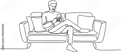 man relaxing, playing with cellphone sitting on the sofa. enjoying holidays.one line vector illustration with out Background
