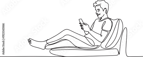 man relaxing, playing with cellphone sitting on the sofa. enjoying holidays.one line vector illustration with out Background