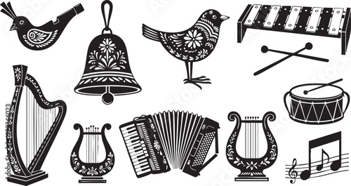 Black and white musical instruments and birds with decorative patterns harp