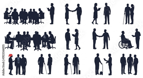 Collection of diverse business people silhouettes in various interactions.