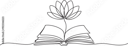Opened book and Lotus flower in one continuous line drawing.one line vector illustration with out Background