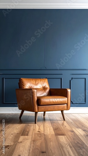 Stylish brown leather armchair in a modern room with dark blue paneled walls and wooden floor.