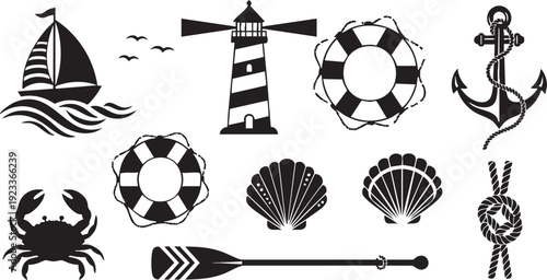 Black and white nautical and beach themed including lighthouse, anchor, crab, and shells