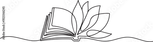 Opened book and Lotus flower in one continuous line drawing.one line vector illustration with out Background
