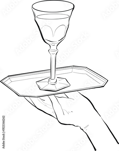 Waiter Hand Holding Serving Tray with Wine Glass cocktail Line Art Illustration