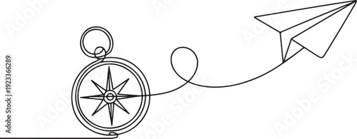 Traveller compass and paper plane in one continuous line drawing. Map guide and new adventure symbol in simple linear style.one line vector illustration with out Background