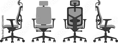 Ergonomic Office Chair Silhouettes Set in Multiple Views Illustration, Workplace Furniture Concept for Corporate Interior Design and Seating Solutions Graphics