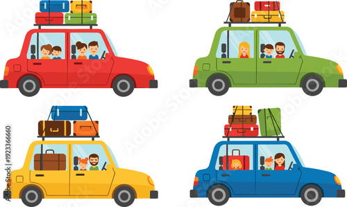 Family Road Trip Cars with Luggage on Roof Illustration Set, Travel Vacation Concept for Tourism Design, Holiday Journey, and Transportation Graphics
