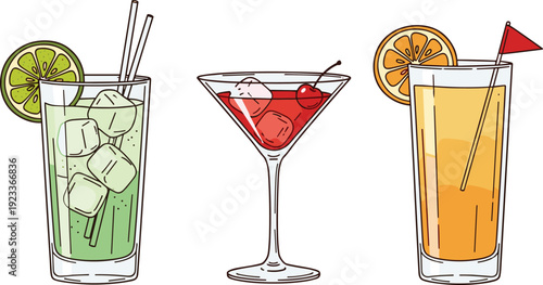 Refreshing Cocktail Drinks Set with Citrus Garnish and Ice Illustration, Summer Beverage Collection for Bar Menu, Party Design, and Mixology Concepts
