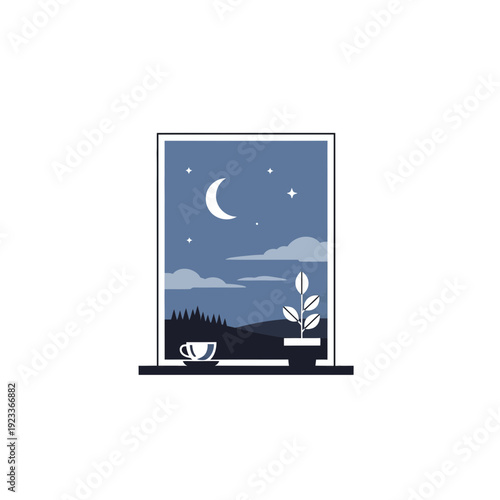 Moonlit night sky with stars, crescent moon, and a cup on the windowsill