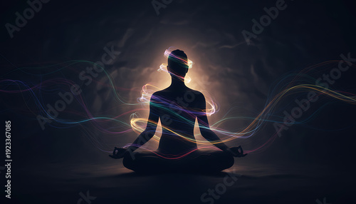 Silhouette of a person meditating with colorful energy waves emanating from their body
