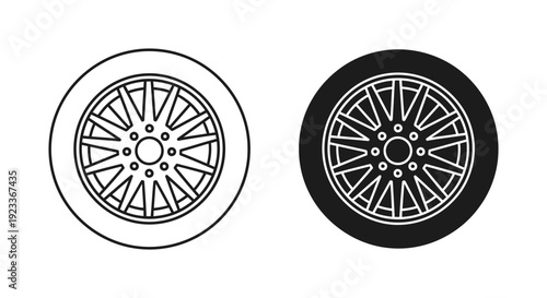 Minimalist car wheel and alloy rim icons in line art and solid styles, perfect for automotive service branding, tire shop logos, and vehicle maintenance graphics.