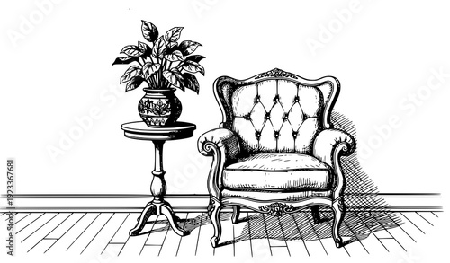 Vintage Interior Engraving Sketch Chair Table and Flowerpot Hand Drawn Vector Art
