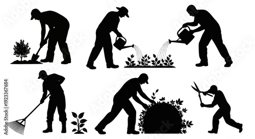 Gardening Silhouettes: Planting, Watering, Raking, Pruning - Set of 6