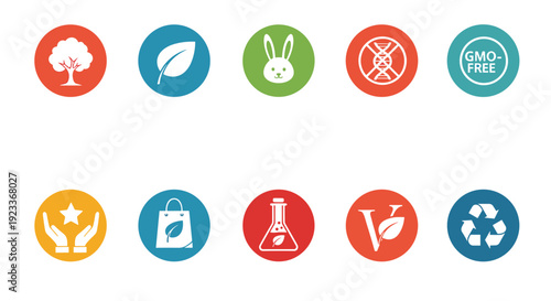 Set of colorful product icons representing various ethical and environmental standards like vegan, GMO-free, and recyclable properties.