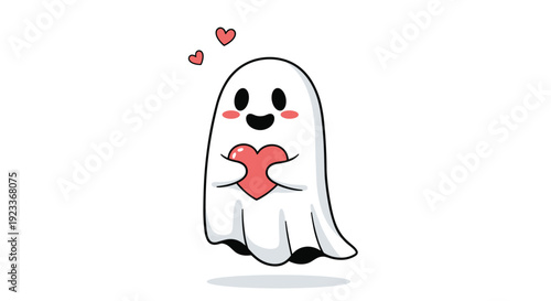 Adorable ghost holding a large red heart with smaller hearts floating, suitable for Valentine's Day or friendly Halloween greetings.