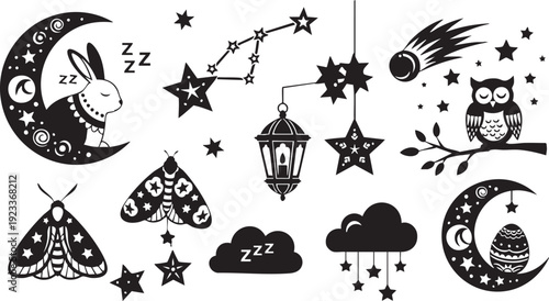 Black and white night sky with stars, moon, owl, rabbit, moths, and clouds