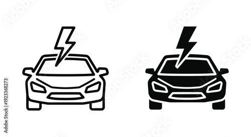 Minimalist electric vehicle icons with lightning bolt symbols representing sustainable transportation, battery charging, and green energy technology for modern automotive design.