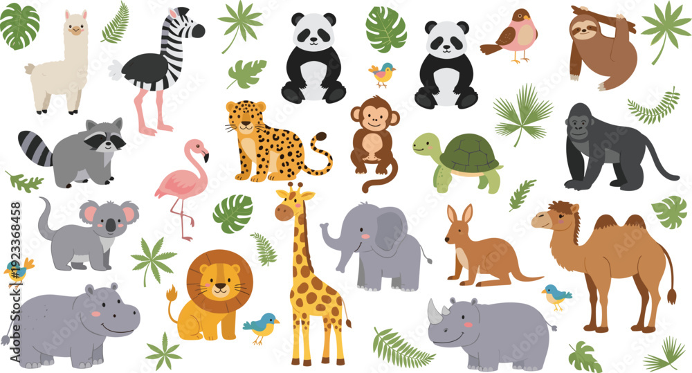 Fototapeta premium Cute Jungle Animals and Tropical Leaves Collection with Panda, Giraffe, Elephant, Camel, and Monkey Cartoon Illustration Set for Kids Nursery Design