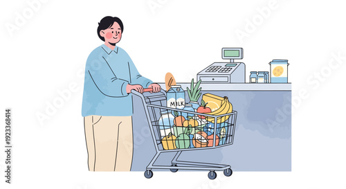 A woman is shopping with a cart full of groceries at the checkout counter.