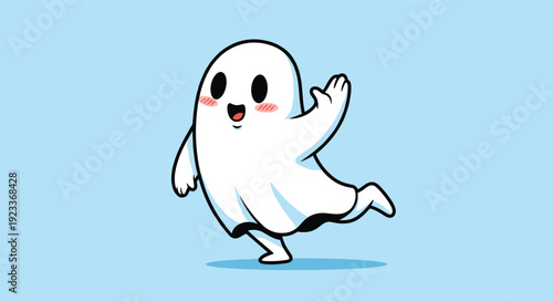 Cheerful ghost waving its hand and walking happily on a blue background, suitable for child-friendly Halloween themed creative projects.