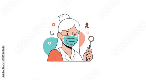 Female dentist wearing a medical mask and holding a dental mirror, illustrating professional oral healthcare and patient examinations.