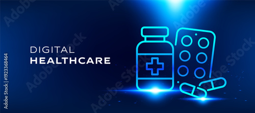 Digital healthcare medical technology concept with glowing neon pharmacy icons on dark blue background. Modern vector illustration of smart medicine innovation and futuristic health tech design.