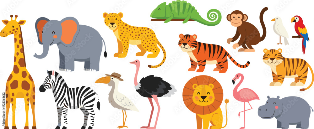 Fototapeta premium African Safari Animals Set with Giraffe, Elephant, Lion, Zebra, Tiger, and Monkey Cartoon Illustration Collection for Kids Education and Wildlife Themes