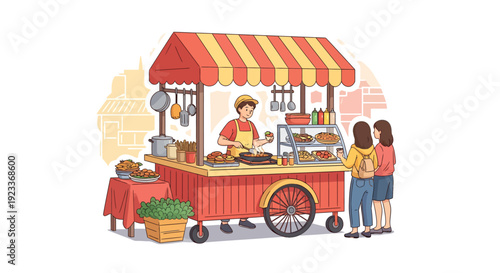 People buying food from a street vendor cart selling types of meals