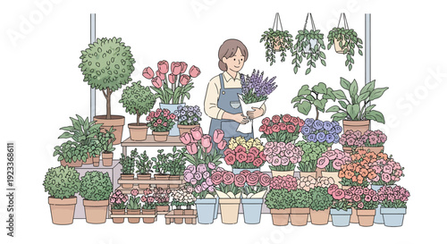 Woman holding purple flowers in a vibrant plant nursery with various colorful blooms and greenery on display
