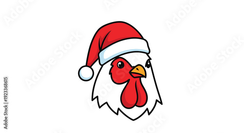 Cartoon rooster head wearing a red Santa hat, offering a funny and unique festive mascot for winter holiday branding or social media.