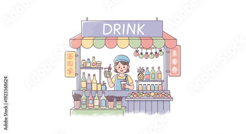 A woman serves a refreshing drink at a colorful street food stall with flavors.