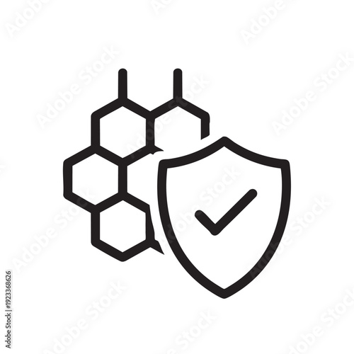 Molecular structure verification symbol with shield and checkmark icon graphic representation