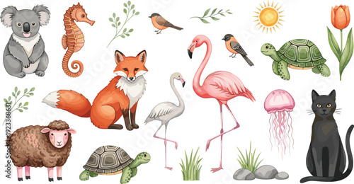 Hand Drawn Animals and Nature Elements Collection with Fox, Flamingo, Turtle, Koala, and Birds Illustration Set for Wildlife, Education, and Kids Design