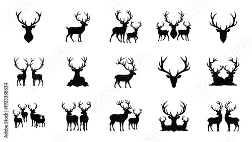 A collection of black deer silhouettes on a white background isolated on white background, Vector