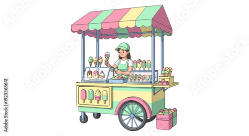 Woman selling ice cream from colorful cart on sunny day with treats