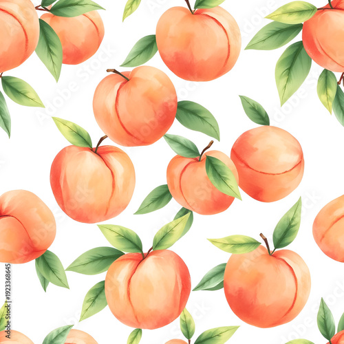 Seamless pattern of watercolor peaches on a pale background.