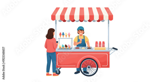Woman buys ice cream from vendor at colorful cart on sunny day outdoors quickly