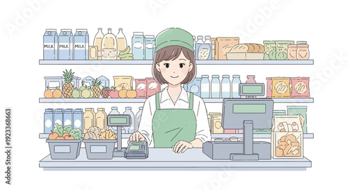 Woman in green apron and hat operates cash register behind counter with food and drinks on shelves.