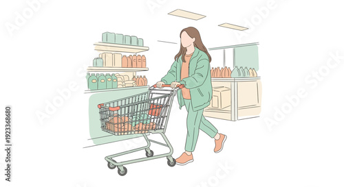 Woman shopping with cart in store aisles