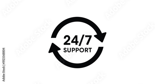Professional 24/7 support service icon with circular arrows around text, representing constant customer assistance and reliable help.