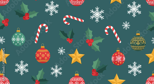 Seamless christmas pattern featuring holly berries, candy canes, ornaments, and snowflakes on a dark green background for gift wrap.