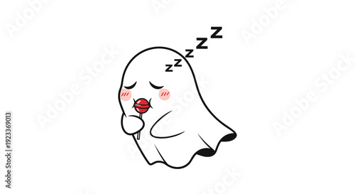 Peaceful little ghost sleeping while holding a red lollipop and dreaming, shown in a cute hand-drawn style with floating zzz symbols.