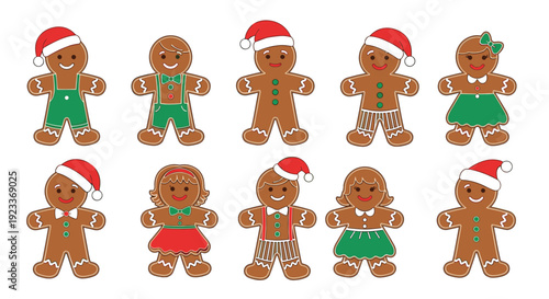 Large collection of gingerbread man and woman cookies in various outfits and hats, perfect for traditional christmas baking themes.