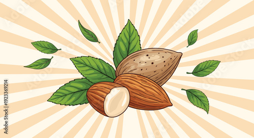 Composition of almonds and green leaves on a warm sunburst background, symbolizing abundance and healthy organic snacks for diet.